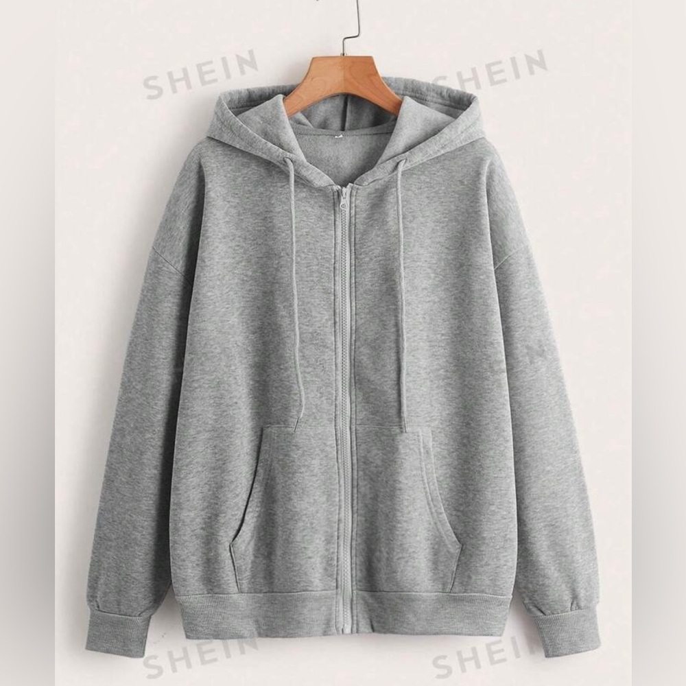 Womens SHEIN EZwear Solid Zip Up Drawstring Thermal Lined Hoodie